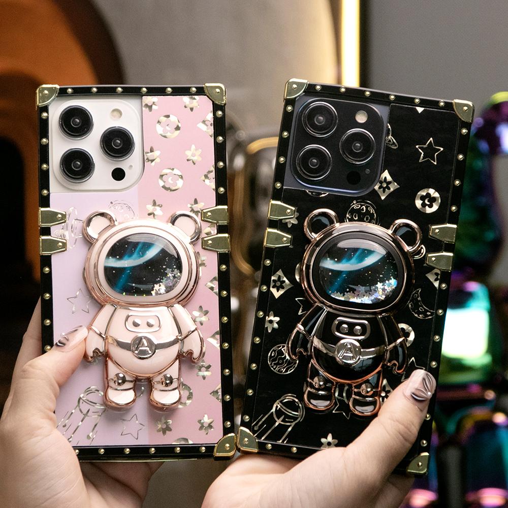 Luxury Glitter Astronaut Space Bear Kickstand Cover Plating Phone Case For Samsung S24 S23 S22 S21 FE Plus Ultra Note 20 Fashion Bracket Square Case