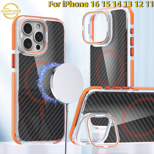 For iPhone 16 15 14 13 12 11 Pro Max Phone Case, Premium Strong Magnetic Carbon Fiber Metal Camera Kickstand Acrylic Clear Shockproof Anti-Fall Bumper for Magsafe Non-Yellowing Hard Full Cover