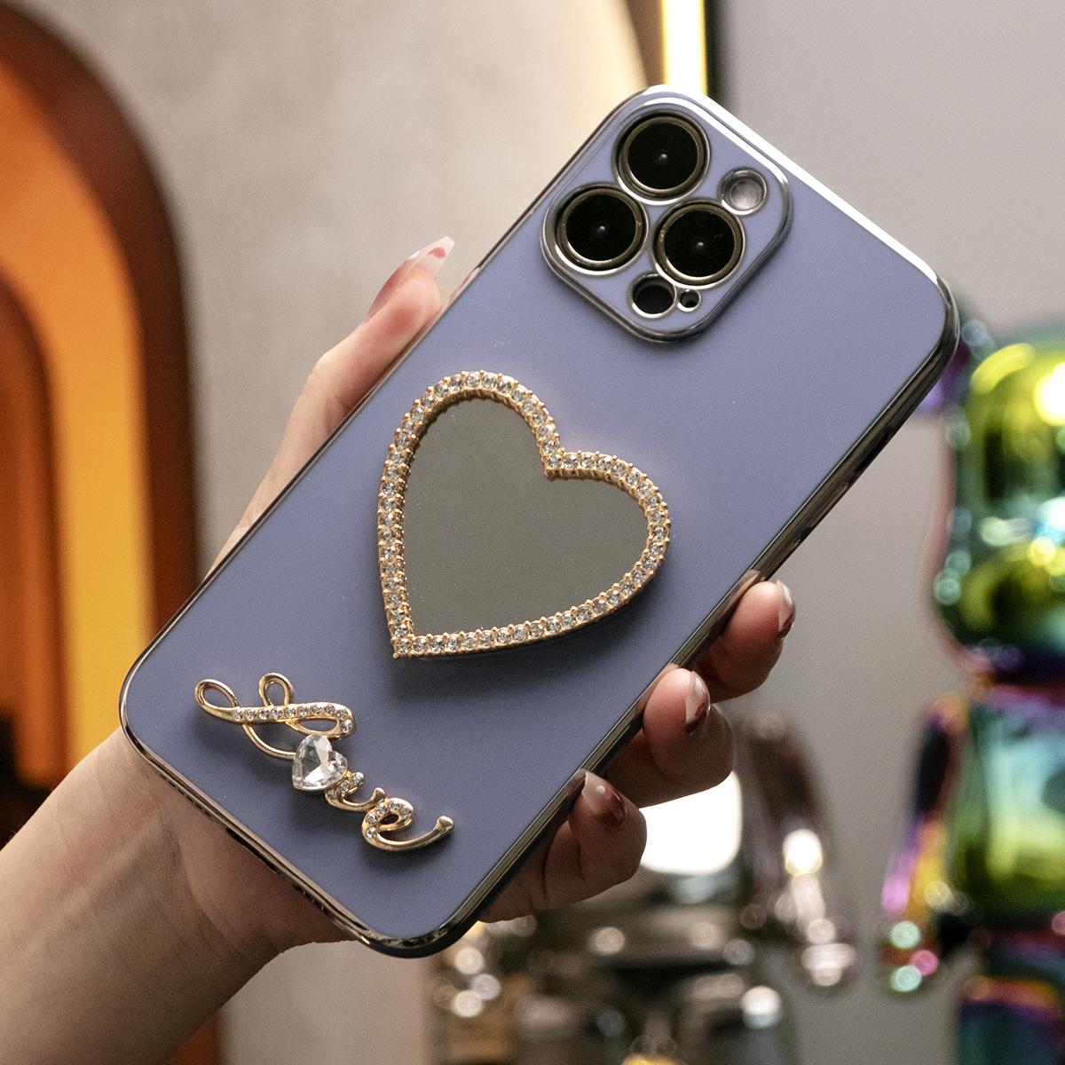 For iPhone 16 15 14 13 Pro Max Phone Case, Love Heart Mirror TPU Luxury Plating Slim Soft Full Cover