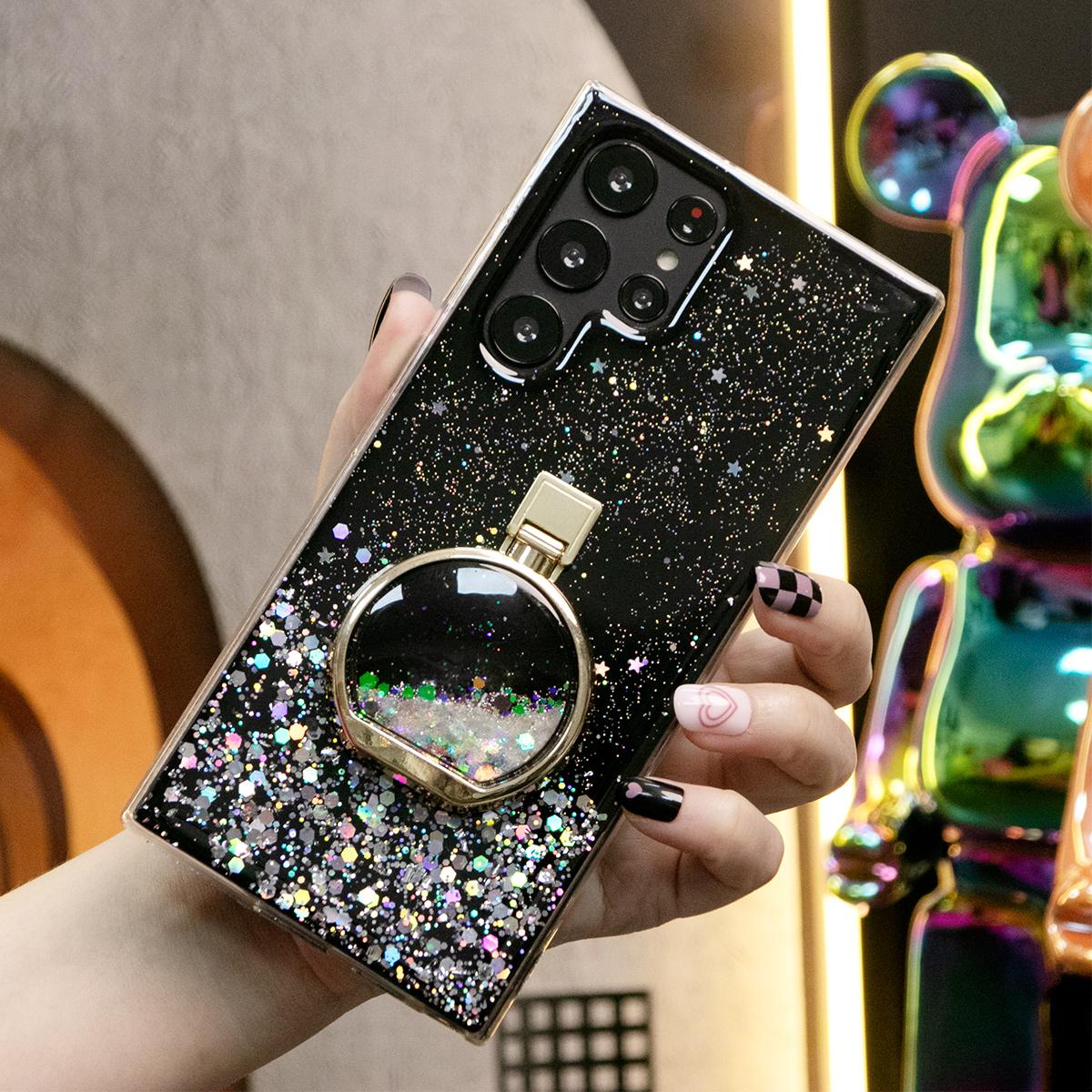 Glitter Star Sequin Quicksand Perfume Bottle Stand Phone Case For Samsung S24 S23 S22 S21 S20 FE Note 20 Ultra Clear Soft TPU Back Cover