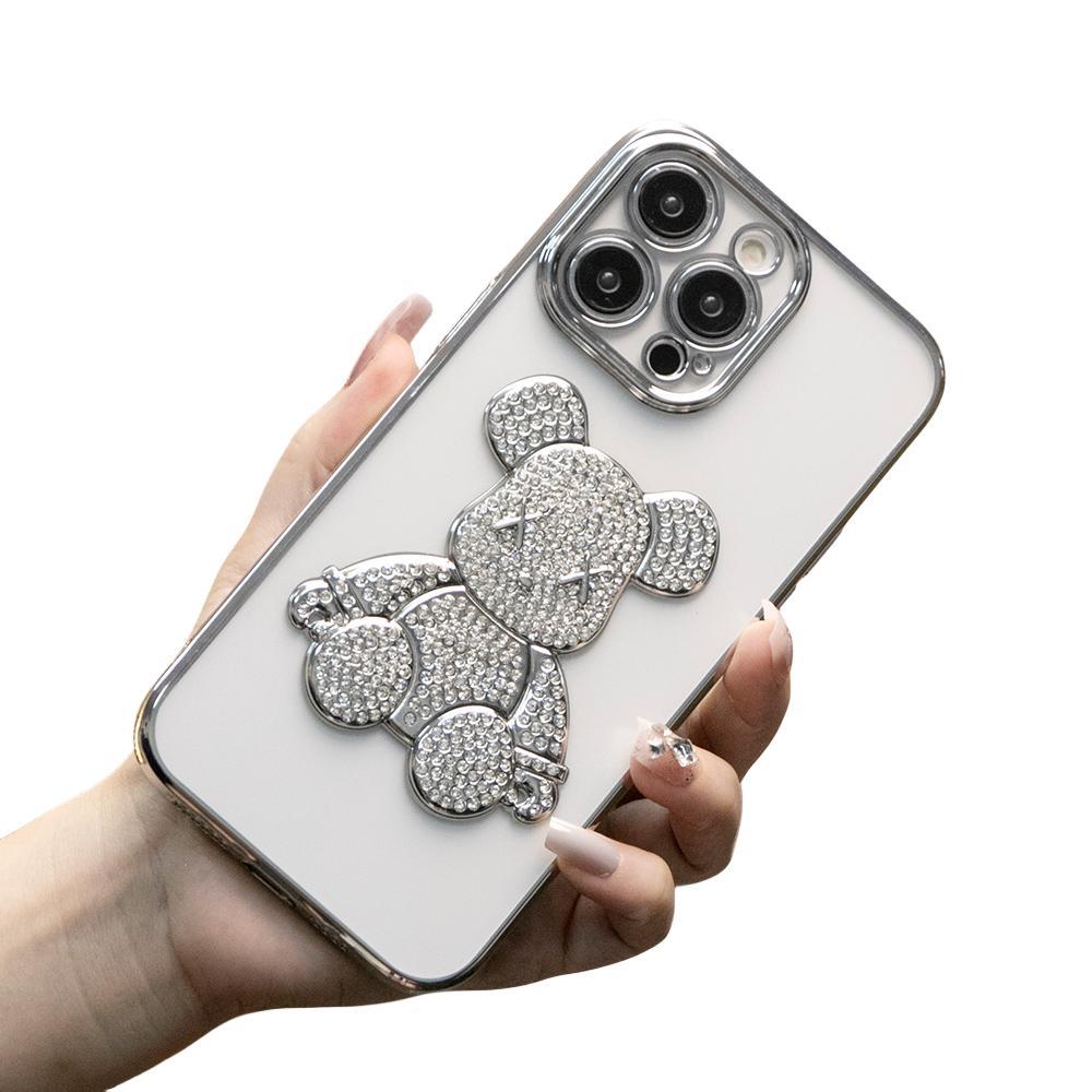 For iPhone 16 15 14 13 12 Pro Max Case, Rhinestone Bear, Glitter Clear Plating Electroplate Luxury Elegant Case Slim Fit Shockproof Soft Cover