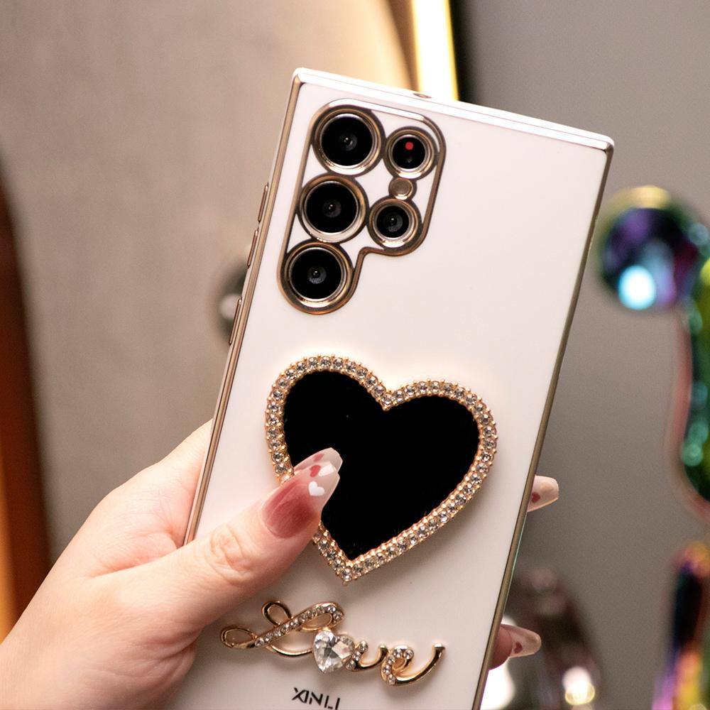 Love Heart Mirror Plating Phone Case for Samsung S24FE S24Ultra S24 S23 S22 S21 FE Plus Ultra Note 20