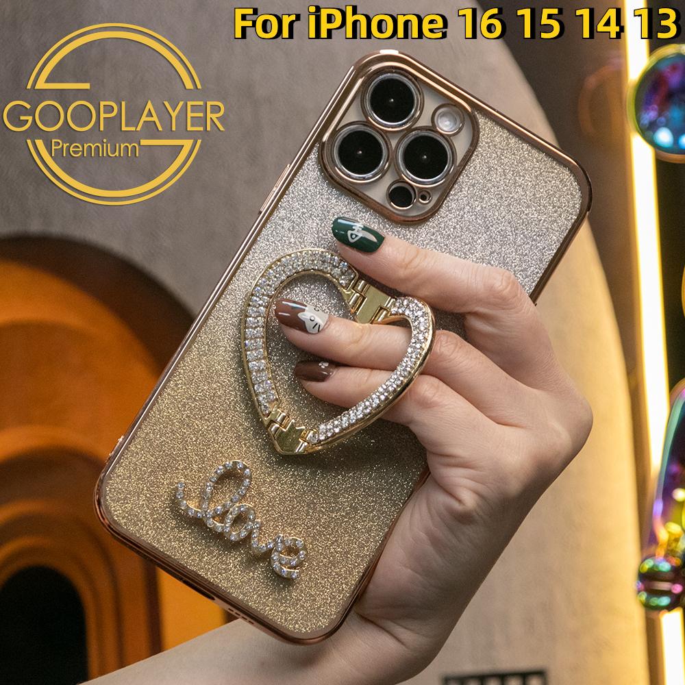 For iPhone 16 15 14 13 Pro Max Phone Case, Clear Gradient Glitter Love Heart Kickstand TPU Luxury Plating Slim Soft Full Cover