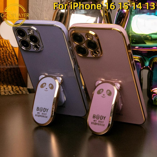 For iPhone 16 15 14 13 Pro Max Phone Case, Panda Kickstand TPU Luxury Plating Slim Soft Full Cover