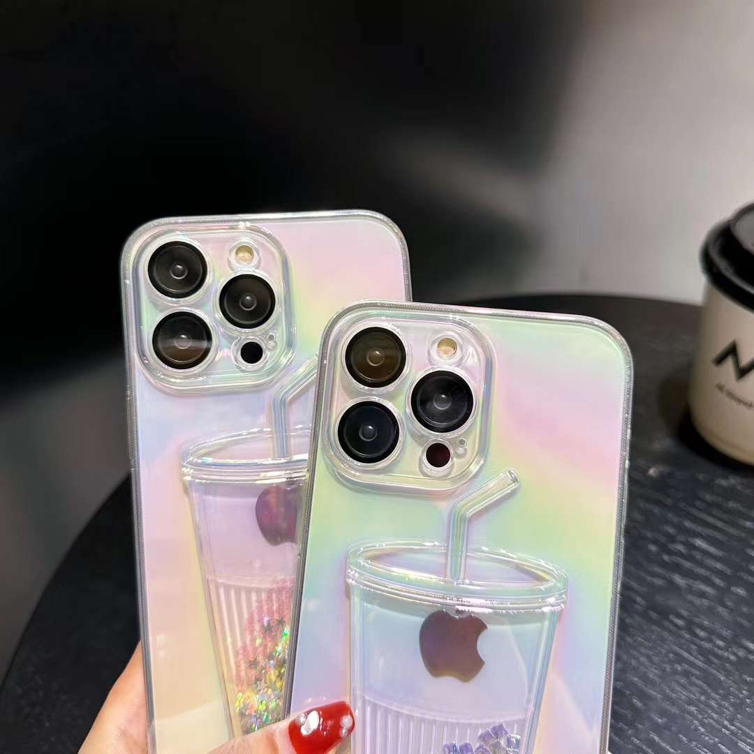 For iPhone 16 15 14 13 12 11 Pro Max Phone Case, Flowing Liquid Quicksand Cup Sparkling Bling Glitter Cup Style Fun Sparkle Transparent Soft TPU Full Cover