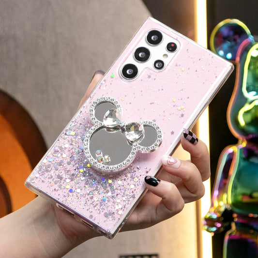 Glitter Star Sequin Mouse Head Stand Phone Case For Samsung S24 S23 S22 S21 S20 FE Note 20 Ultra Clear Soft TPU Back Cover