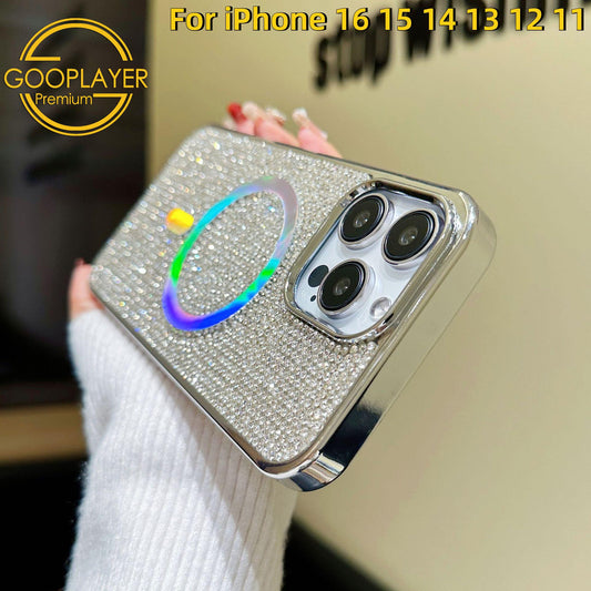 For iPhone 16 15 14 13 12 11 Phone Case, Luxury Colorful Glitter Rhinestone Plating Diamonds Magnetic Wireless Charging Soft Bumper Hard Full Cover