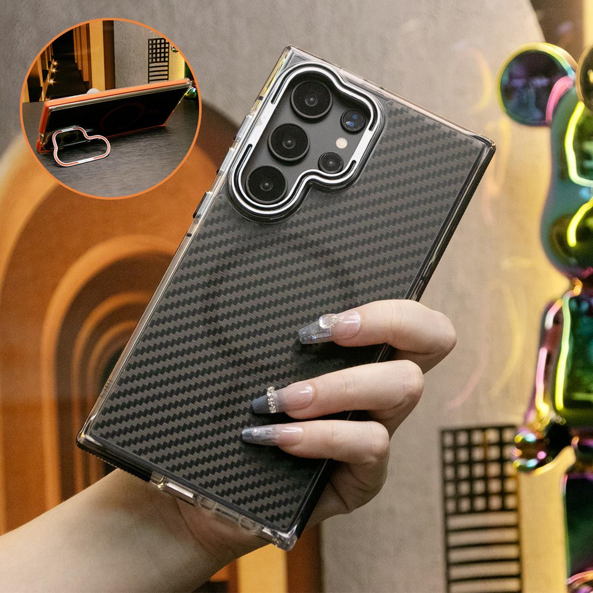 Magnetic Carbon Fiber Pattern Phone Case, Metal Hardware Camera Lens Stand Acrylic Cover, With Shockproof  Anti-Fall Bumper For Samsung S24 S23 S21FE A14 A15 A24 A25 A35 A54 A55 A05