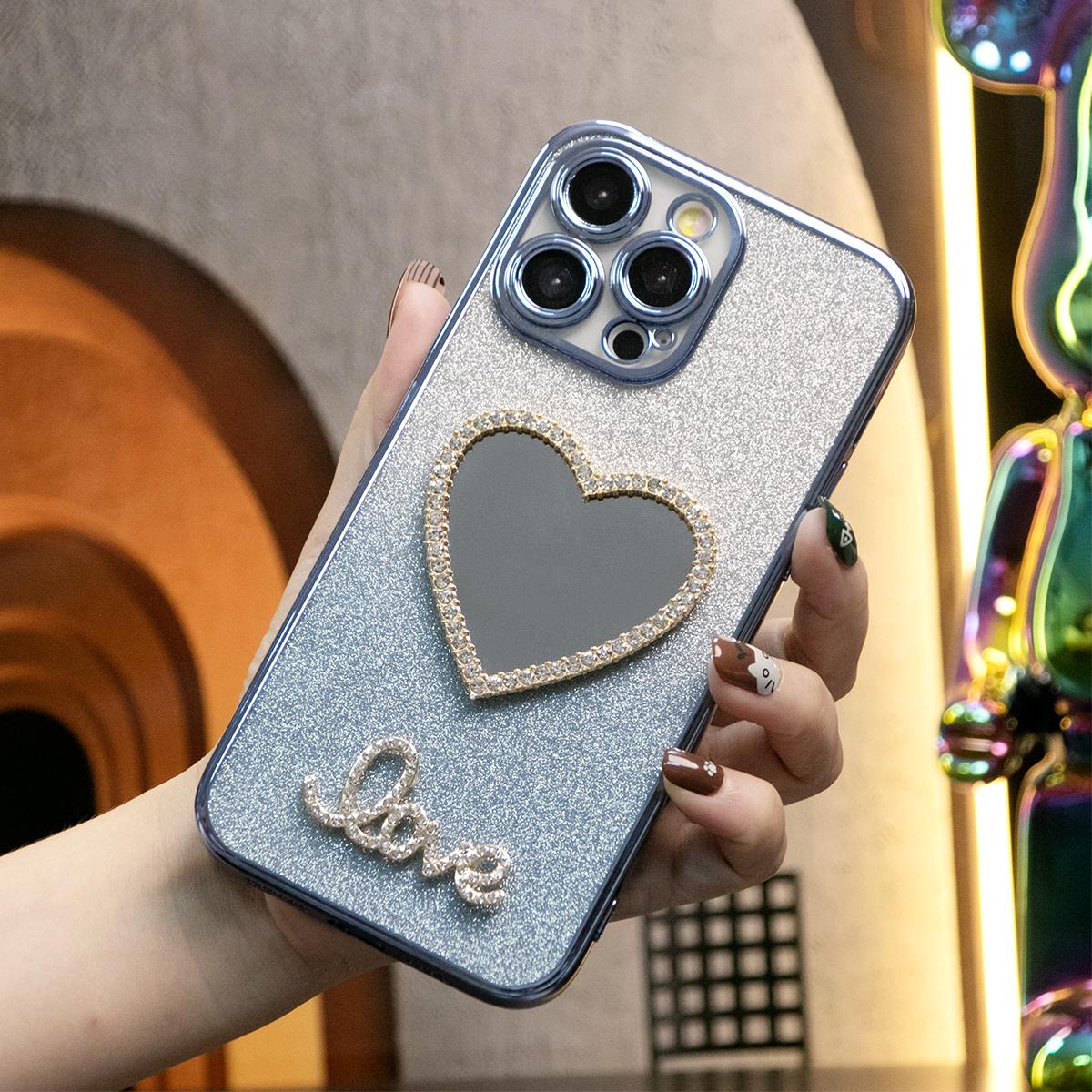 Glitter Transparent Gradient Love Heart Mirror Phone Case For iPhone 16ProMax 16 15 14 13 12 Pro Max Clear Soft TPU Back Cover