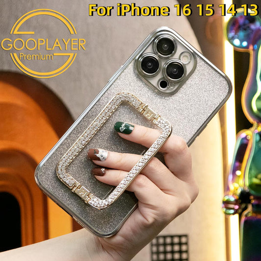 For iPhone 16 15 14 13 Pro Max Phone Case, Clear Gradient Glitter Square Kickstand TPU Luxury Plating Slim Soft Full Cover