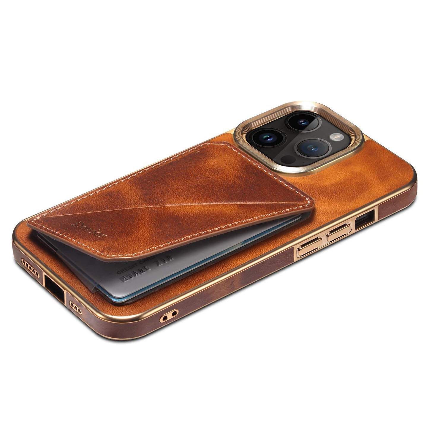 Leather Case For iPhone 15 Pro Max 12 13 14 Plus,Classic Oil Wax Cowhide Pattern Room Card Bracket Sleeve Slim Fit Phone Case