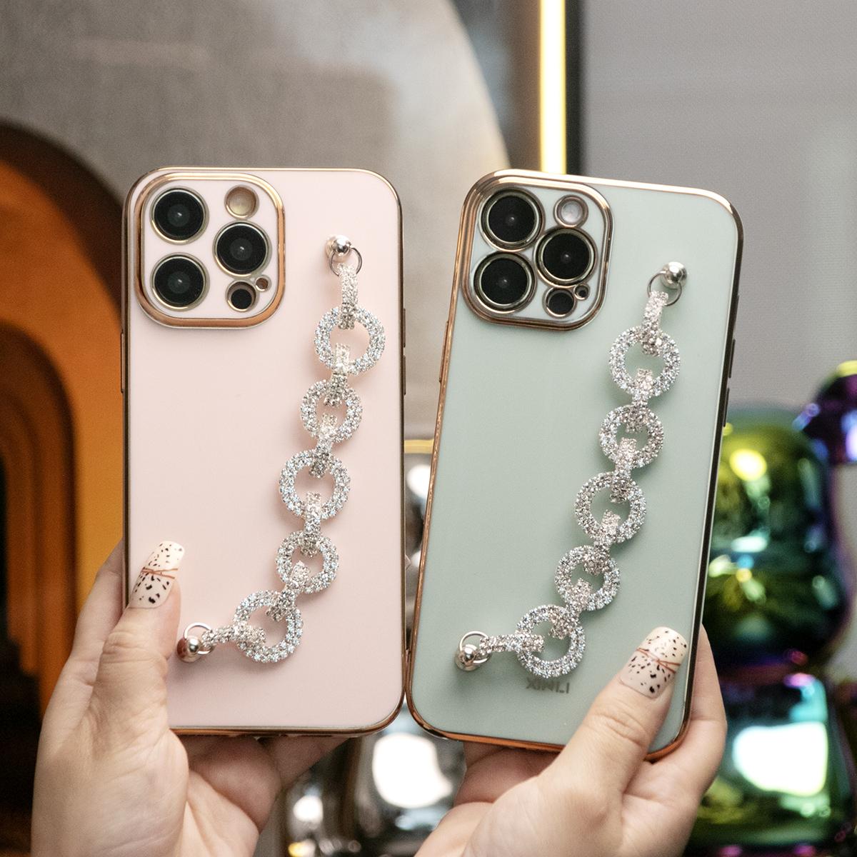 Glitter Diamond Chain Plating Phone Case For iPhone 16 15 14 13 12 Plus Pro Max Soft TPU Back Cover