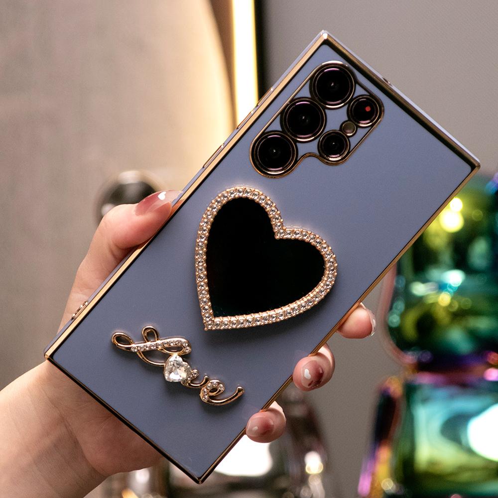 Love Heart Mirror Plating Phone Case for Samsung S24FE S24Ultra S24 S23 S22 S21 FE Plus Ultra Note 20