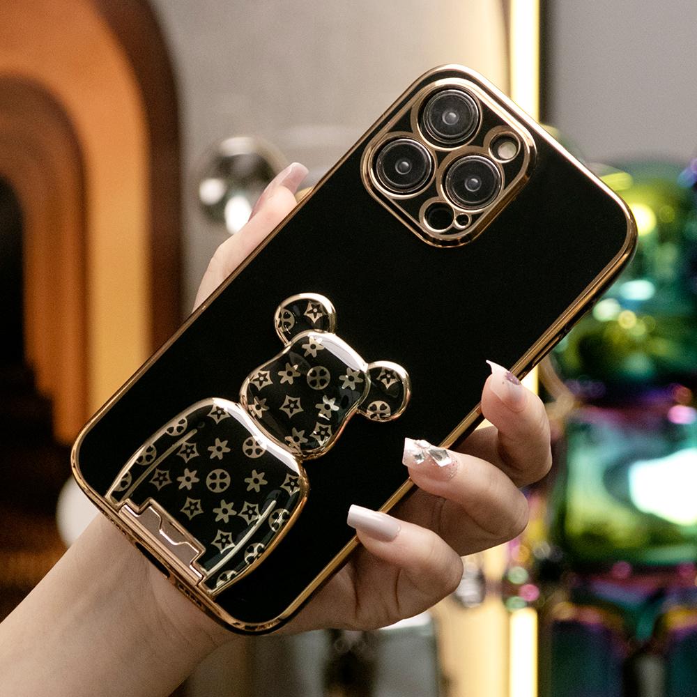 For iPhone 16 15 14 13 Pro Max Phone Case, Flower Bear Kickstand, Plating Electroplate Luxury Elegant Case Camera Protector Pop Stand Shockproof Soft Cover