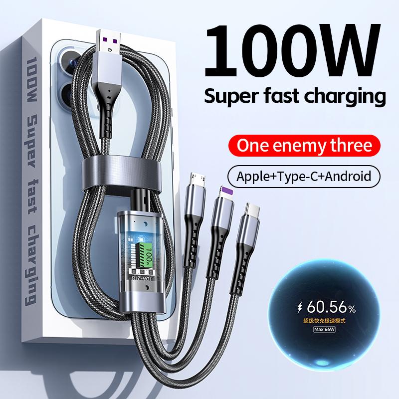 3 In 1 100w Transparent Fast Charging Cable Type C Usb Micro For Iphone Samsung Huawei Xiaomi Pilot Lamp Charger Usb C 6A