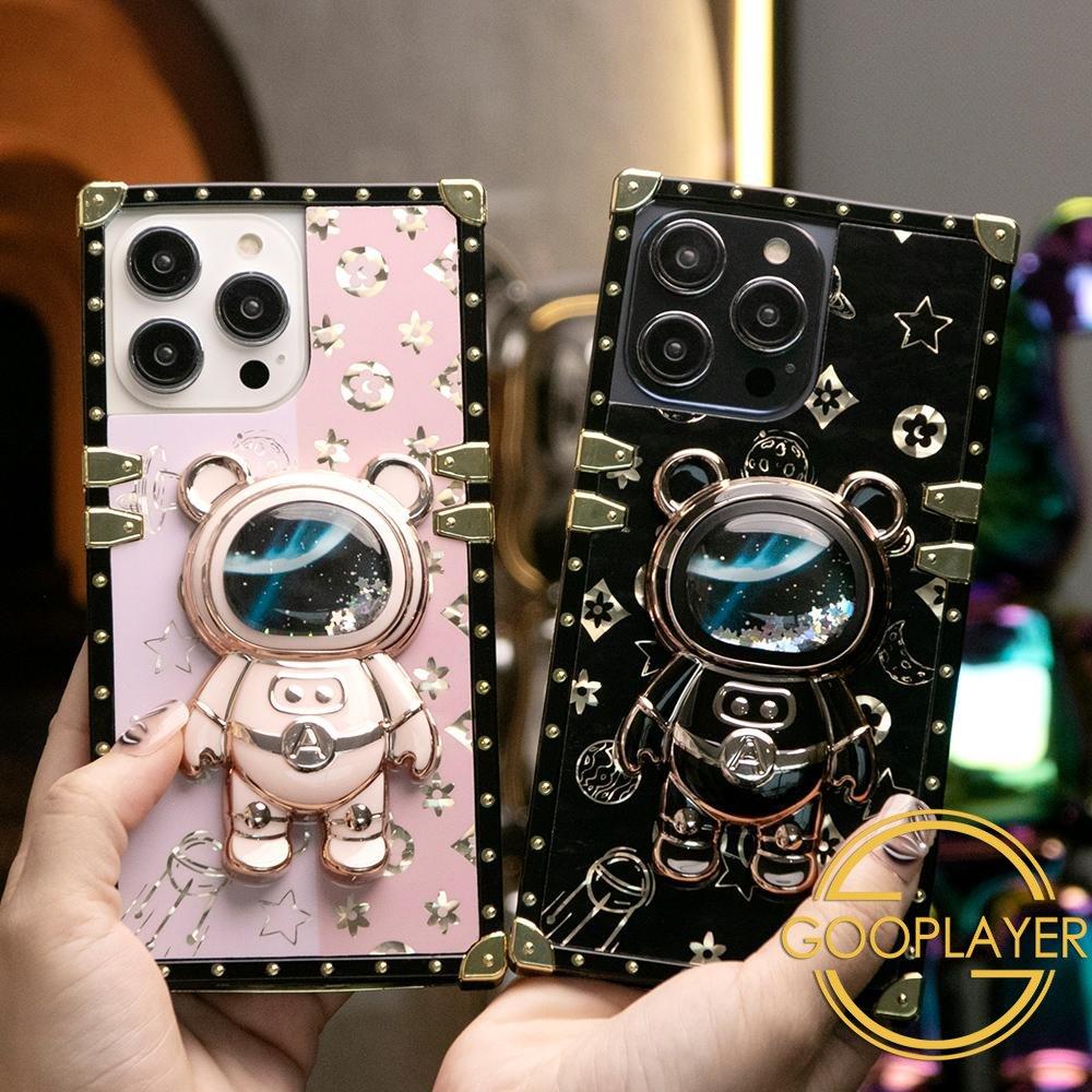 Glitter Quicksand Bear Astronaut Stand Square Phone Case For iPhone 15 14 13 12 11 Pro Max XR X/XS XSMax