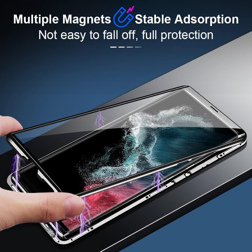 Clear Double Sided Full Cover Magnetic Adsorption Case for Samsung S24 S24FE S24Plus S24Ultra S23 Ultra S23Plus S22 S21 Metal Frame Tempered Glass Shockproof Case