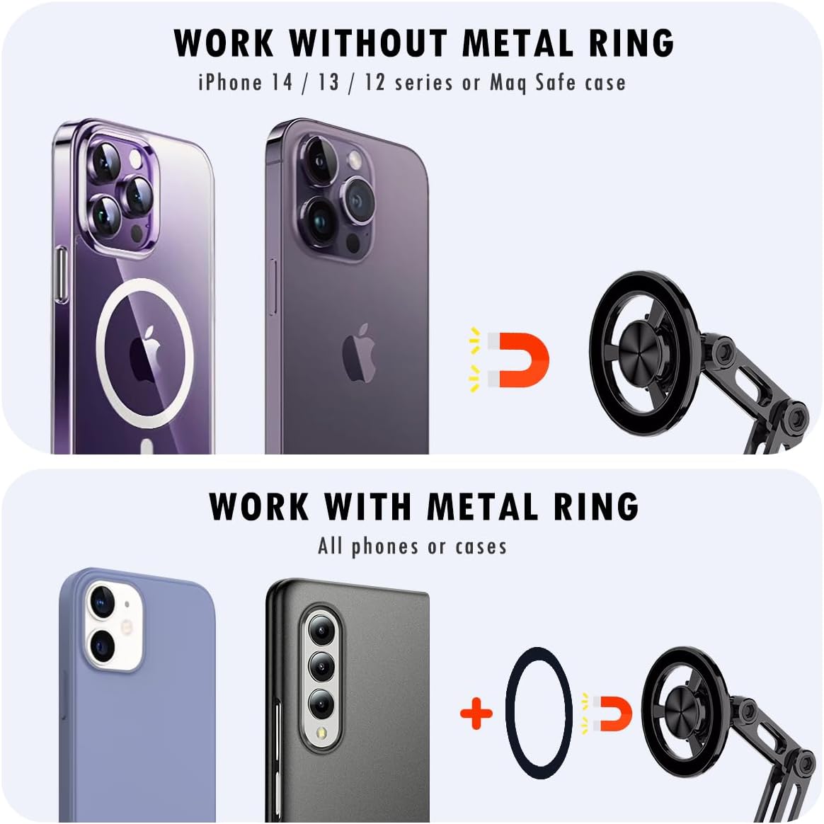 Universal 360° Pro Magnetic Suction Car Phone Holder, Hands Free Automobile Mounts Cell Phone Holder with Metal Ring, Adjustable Cell Phone Mount for All Mobile Phones