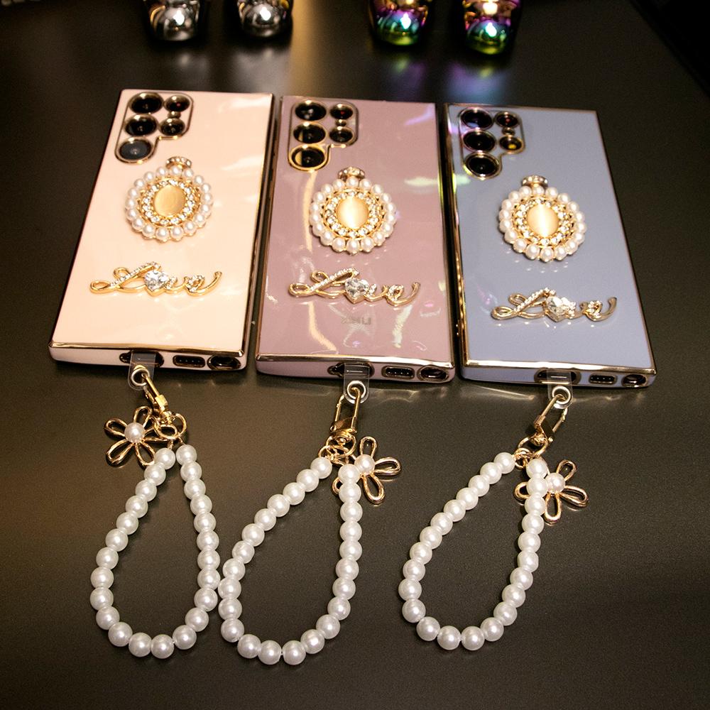 Round Stone Pearl Perfume Bottle Plus Pearl Chain Plating Phone Case For Samsung S24Ultra S24FE S24 S23 S22 S21 FE Plus Ultra Note 20