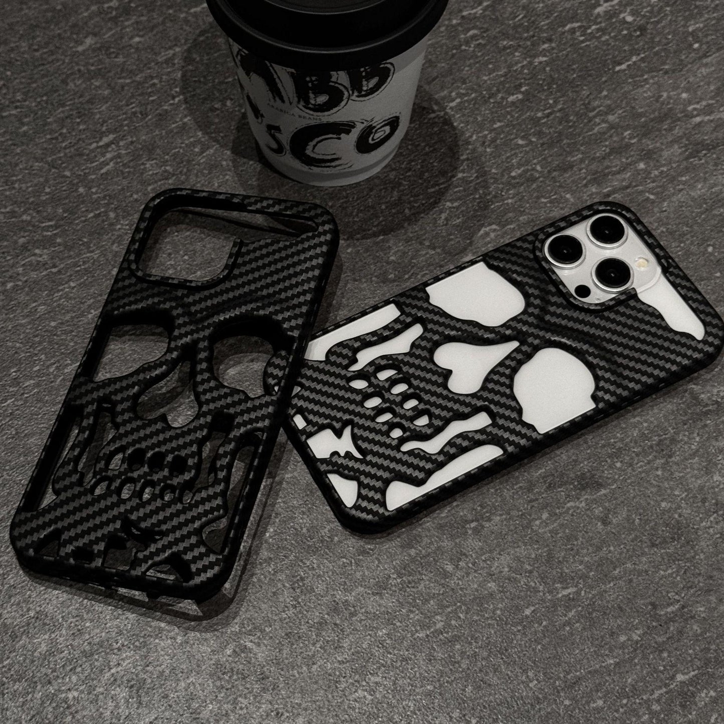 For iPhone 16 15 14 13 12 11 Pro Max Phone Case, Carbon fiber Pattern Skull Matte Hollow Heat Dissipation TPU Shockproof Case Cooling Soft Back Cover