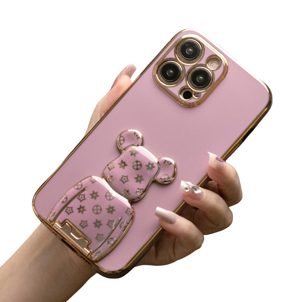 For iPhone 16 15 14 13 Pro Max Phone Case, Flower Bear Kickstand, Plating Electroplate Luxury Elegant Case Camera Protector Pop Stand Shockproof Soft Cover