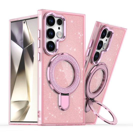 Glitter Shining Case With Magnetic Kickstand For Samsung S24 23  Ultra  Plus FE A05 A05S A15 A25 A35 A55 Magsafe Plating Wireless Charging Bling Cover Back Shell Girls