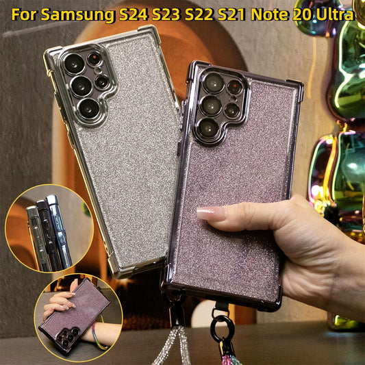 Luxury Glitter Plating Shockproof Clear Case With Rhinestone Wristband for Samsung Galaxy S24 S23 S22 S21 FE Plus Ultra Transparent Hard Acrylic Hybrid Bumper Armor Cover