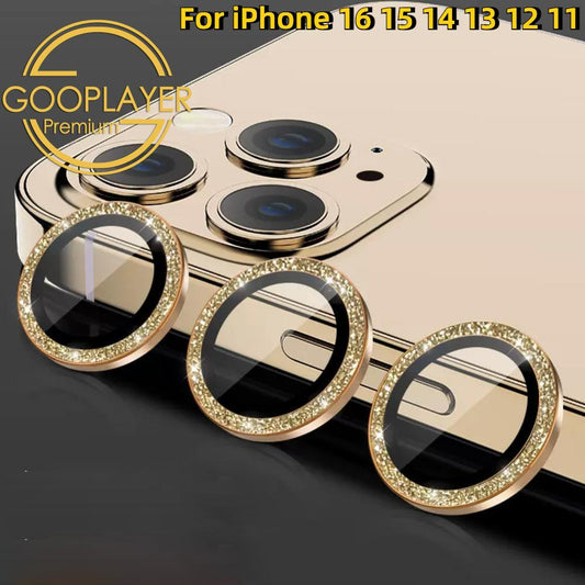 For iPhone 16 15 14 13 12 11 Pro Max Plus Mini, Diamond Camera Protector Metal Ring Glass Lens Protective Cap