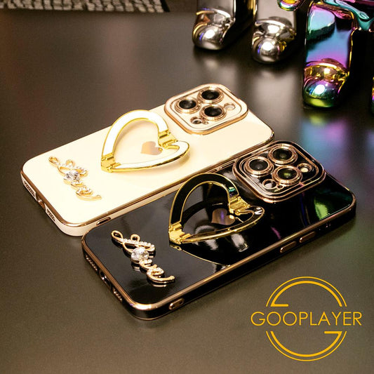 For iPhone 16 15 14 13 12 11 Pro Max, Luxury Love Heart Kickstand Holder Plating Soft Camera Protector Phone Case