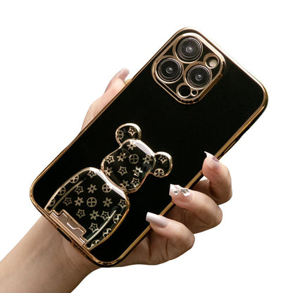 For iPhone 16 15 14 13 Pro Max Phone Case, Flower Bear Kickstand, Plating Electroplate Luxury Elegant Case Camera Protector Pop Stand Shockproof Soft Cover