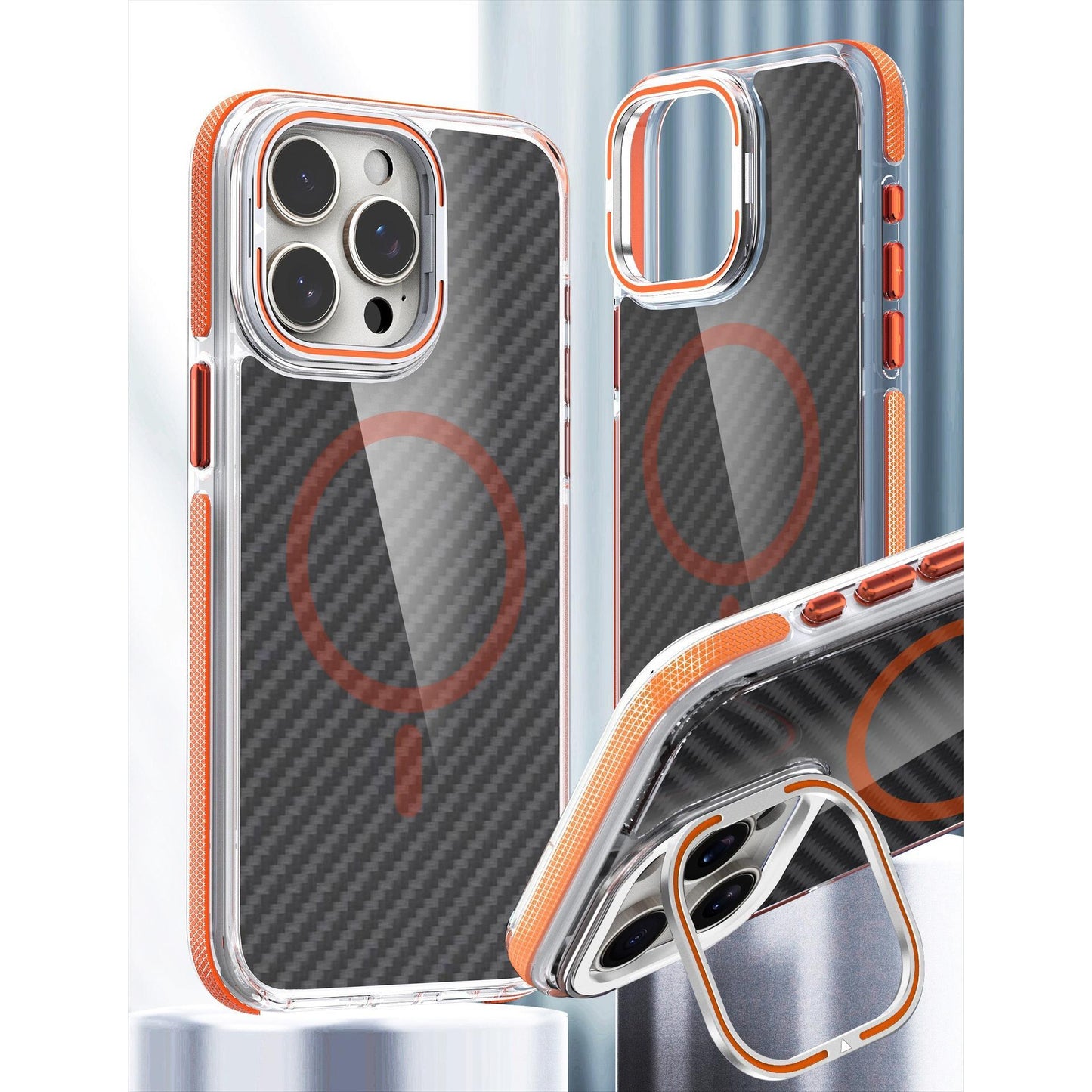 For iPhone 16 15 14 13 12 11 Case, Magnetic Carbon Fiber Pattern Phone Case, Metal Hardware Camera Lens Stand Acrylic Cover, Clear No Yellow, With Shockproof Anti-Fall Bumper