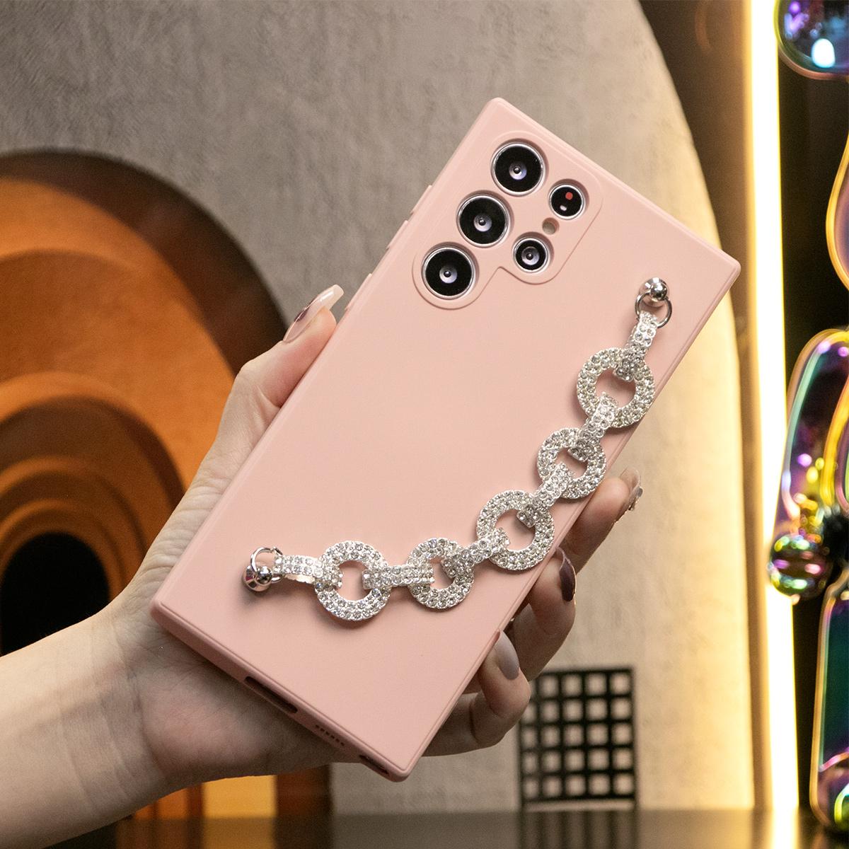 Silicone Matte Phone Case With Diamond Chain For Samsung S24 S23 S22 S21 Ultra Plus S24Plus S24Ultra Camera Protect Soft Cover S23 FE