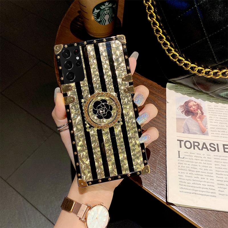 Luxury Glitter Dazzling Phantom Flower Case for iPhone 16ProMax 16 15 14 13 12 11 Plus Pro Max Fashion Bracket Lanyard Square Case Back Cover