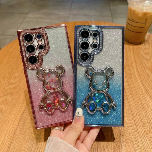 For Samsung S24 S23 S22 Plus Ultra Case, Gradient Rhinestone Quicksand Bear Glitter Luxury Elegant Plating Case Camera Protection Shockproof Hard Cover