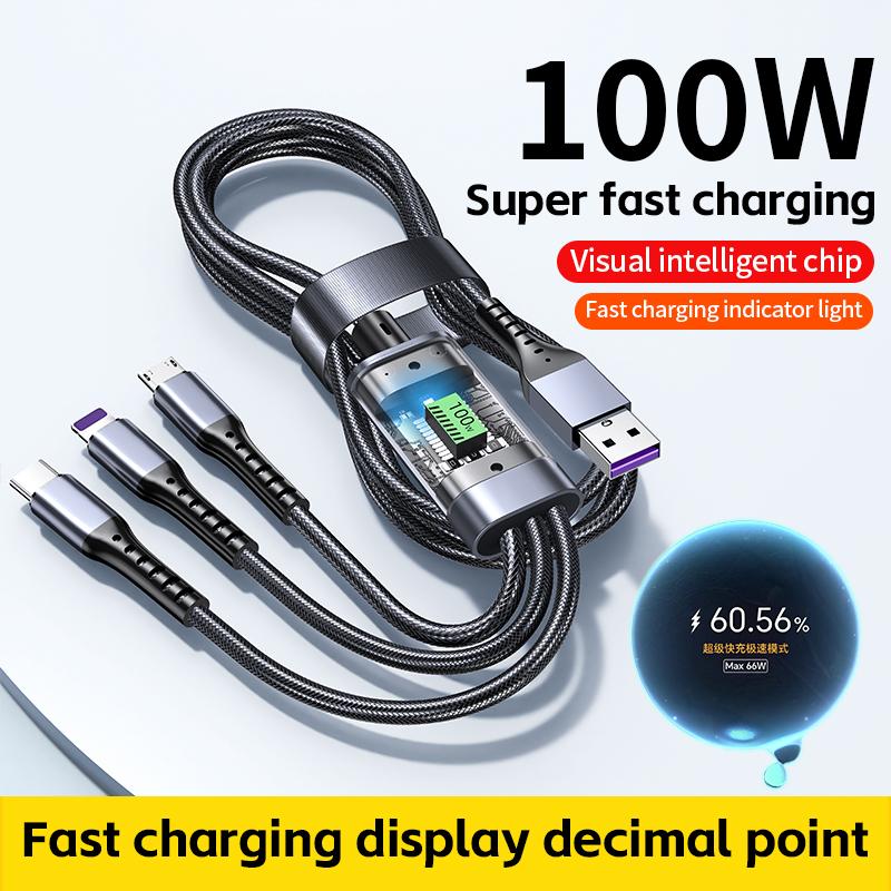 3 In 1 100w Transparent Fast Charging Cable Type C Usb Micro For Iphone Samsung Huawei Xiaomi Pilot Lamp Charger Usb C 6A