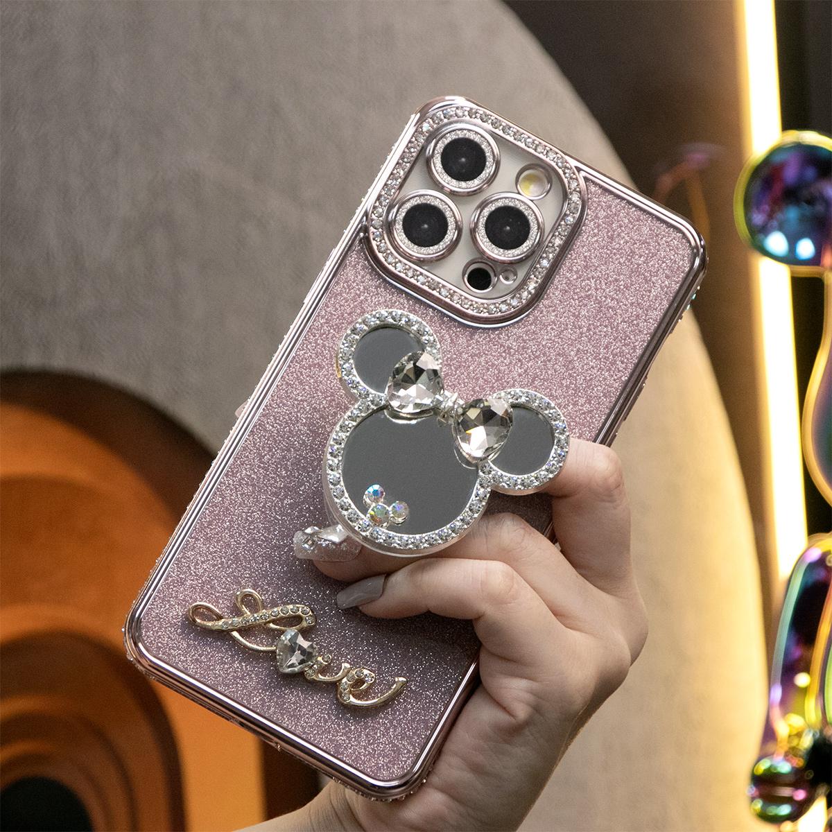 Plating Glitter Diamond Mouse Head Mirror Kickstand Phone Case For iPhone 16 15 14 13 12 Pro Max