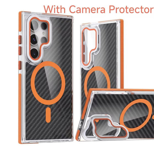 Magnetic Carbon Fiber Pattern Phone Case, Metal Hardware Camera Lens Stand Acrylic Cover With Lens Protection Film, Shockproof  Anti-Fall Bumper For Samsung S24 S23 S22 Plus Ultra