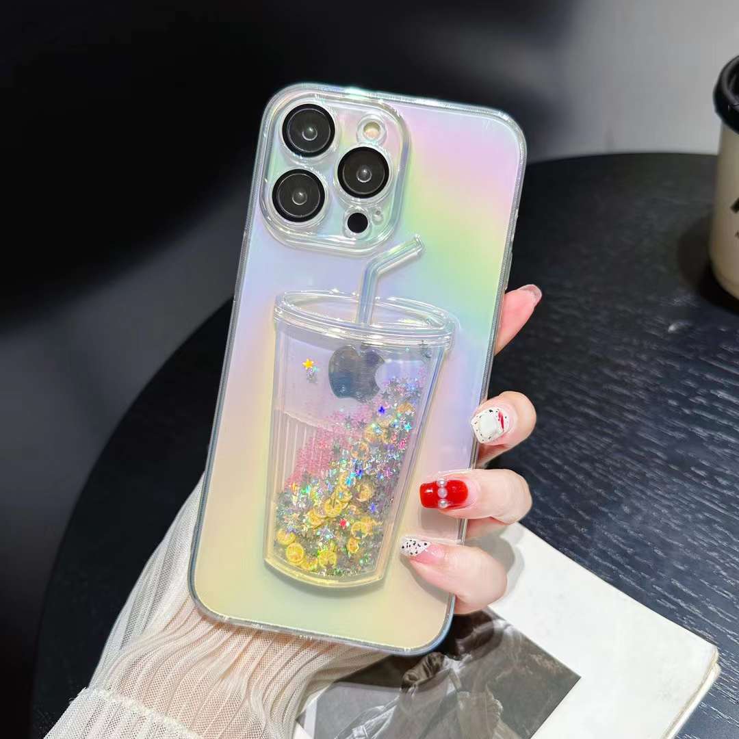 For iPhone 16 15 14 13 12 11 Pro Max Phone Case, Flowing Liquid Quicksand Cup Sparkling Bling Glitter Cup Style Fun Sparkle Transparent Soft TPU Full Cover