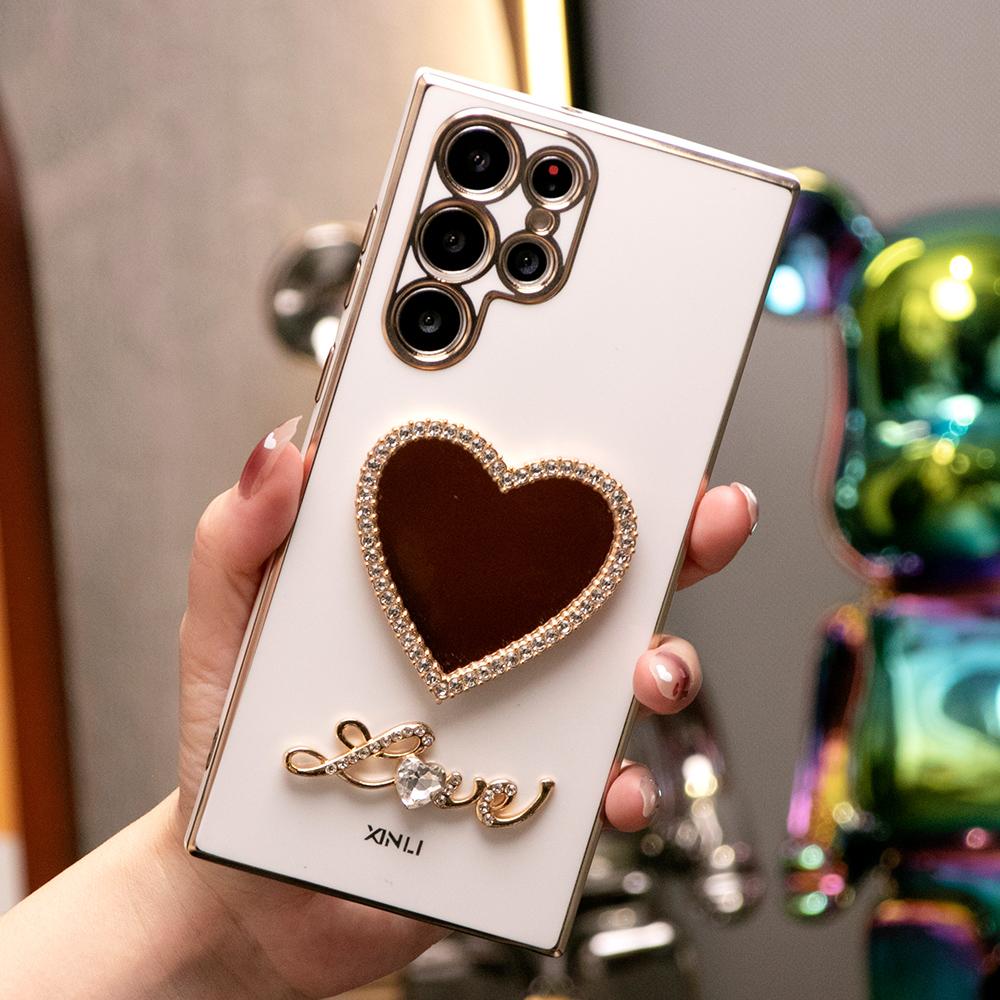 Love Heart Mirror Plating Phone Case for Samsung S24FE S24Ultra S24 S23 S22 S21 FE Plus Ultra Note 20