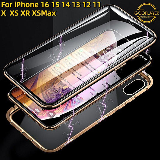 For iPhone 16 15 14 13 12 11 X XS XR XSMax Phone Case, Double Sided Clear Magnetic High Definition Adsorption Metal Tempered Glass Hard Full Cover